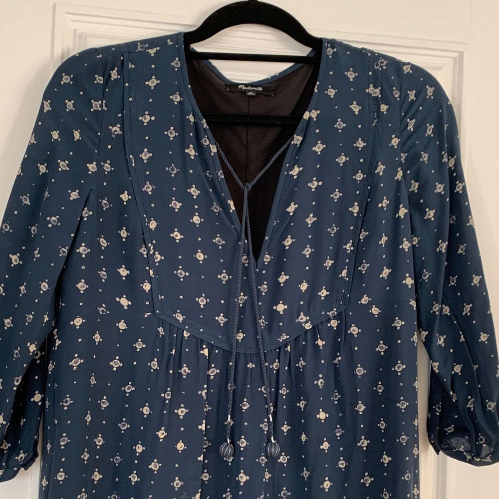 Madewell Maxi Dress -Lovely Silk, Blue/Tan Geometric Print - Like NEW condition!